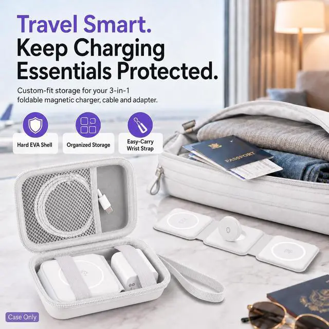 Alt view image 4 of 7 - Hard Shell Travel Case for Iseyyox/for UCOMX/for RTOPS 3 in 1 Wireless Charger, Portable Storage Organizer Bag for Foldable Charging Station, Cable & Adapter Pocket, Case Only White