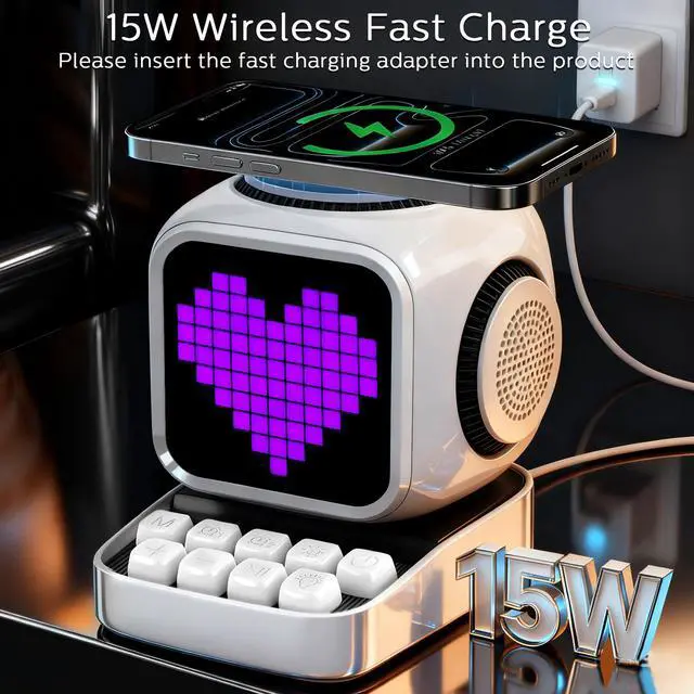 Alt view image 2 of 7 - Smart Bluetooth Speaker with Wireless Charger: Digital Alarm Clocks for Bedrooms - 15W Fast Wireless Charging Station with 3 Modes - Portable Speaker Gifts for Men Women
