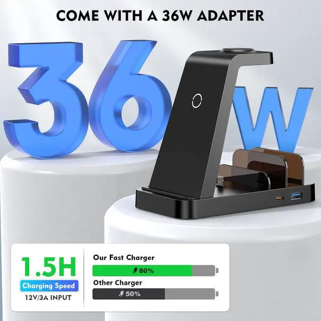 Alt view image 4 of 7 - 5 in 1 Wireless Charger, Charging Station for Apple Multiple Devices, Reliable Charging Dock for Phone 17/16e/16/15/14/13/12 Pro Max, Apple Watch, AirPods (Pro/3/2), iPad, Includes Adapter