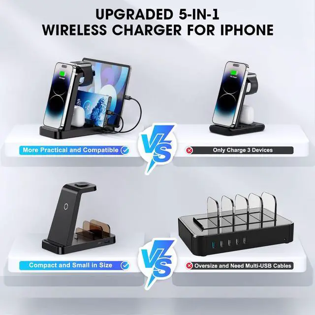 Alt view image 2 of 7 - 5 in 1 Wireless Charger, Charging Station for Apple Multiple Devices, Reliable Charging Dock for Phone 17/16e/16/15/14/13/12 Pro Max, Apple Watch, AirPods (Pro/3/2), iPad, Includes Adapter