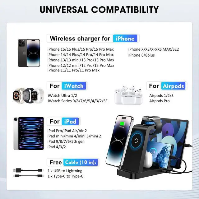 Alt view image 3 of 7 - 5 in 1 Wireless Charger, Charging Station for Apple Multiple Devices, Reliable Charging Dock for Phone 17/16e/16/15/14/13/12 Pro Max, Apple Watch, AirPods (Pro/3/2), iPad, Includes Adapter