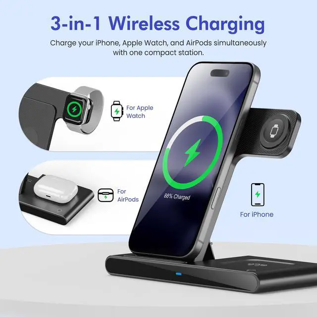 Alt view image 2 of 7 - 3 in 1 Wireless Charging Stand for Multiple Apple Devices, Compatible with iPhone 17 16e 16 15 14 Pro Max 13 12 11, Watch Series and AirPods 4 3 Pro