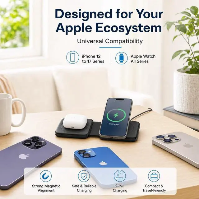 Alt view image 6 of 7 - Portable Charger for Magsafe -Travel iPhone Charger- 2 in 1 Foldable Charging Station for Apple Multiple Devices - Magnetic Wireless Charging Pad for iPhone 17 pro max 16 15 14 13 & Airpods