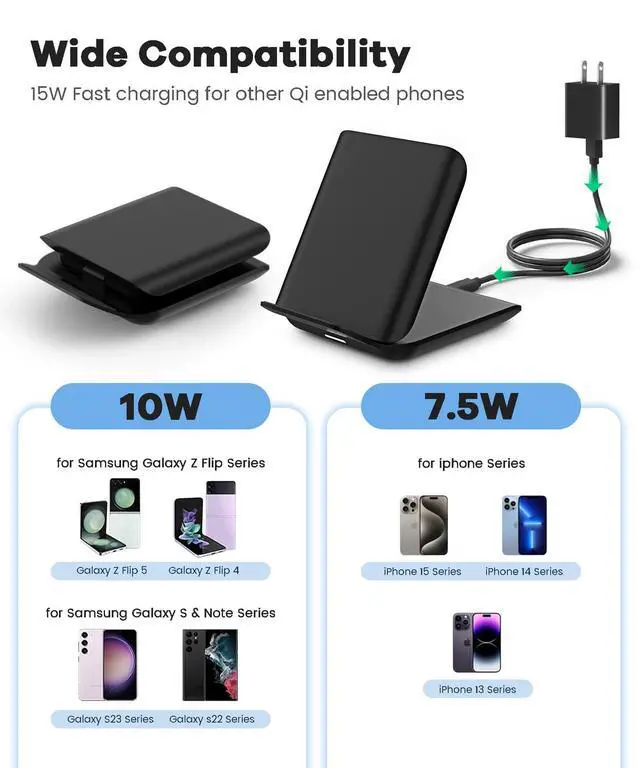 Alt view image 3 of 7 - Samsung Galaxy Z Flip 7 Wireless Charger 15W Foldable Stand,Qi Fast Charging Station Travel Dock for z Flip 7 6 5 4 3 & Motorola Razr+,PD 20W Adapter Included,Black
