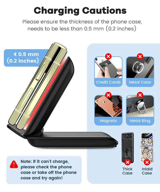 Alt view image 6 of 7 - Samsung Galaxy Z Flip 7 Wireless Charger 15W Foldable Stand,Qi Fast Charging Station Travel Dock for z Flip 7 6 5 4 3 & Motorola Razr+,PD 20W Adapter Included,Black