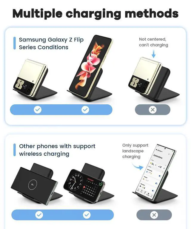Alt view image 5 of 7 - Samsung Galaxy Z Flip 7 Wireless Charger 15W Foldable Stand,Qi Fast Charging Station Travel Dock for z Flip 7 6 5 4 3 & Motorola Razr+,PD 20W Adapter Included,Black