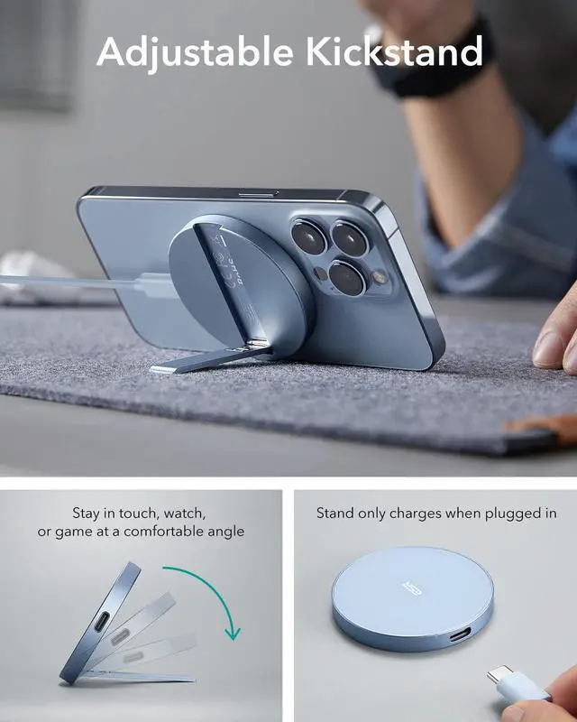 Alt view image 5 of 7 - for Magsafe Charger, Wireless Charger Kickstand, Charging Pad for iPhone 16/15/14/13/12 Series and AirPods 4/3/Pro/Pro 2, Galaxy S25 Strong Magnetic Charger Pad with 5 ft Removable Cable, Blue