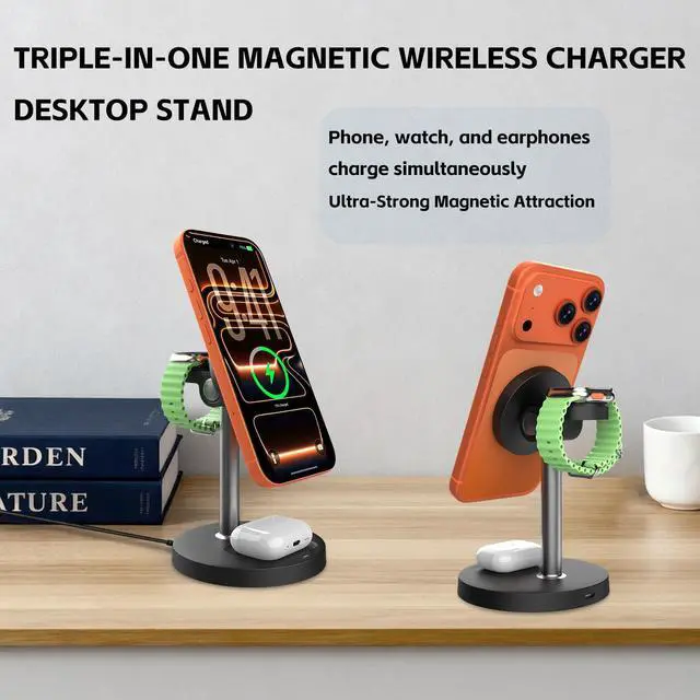 Alt view image 2 of 7 - 3-in-1 Magnetic Wireless Charging Station, 15W Fast Charging for iPhone 17/16/15/14/13/12, Watch Ultra/SE/S1-11 & AirPods Pro/3/2, Adjustable Standing Dock with USB-C