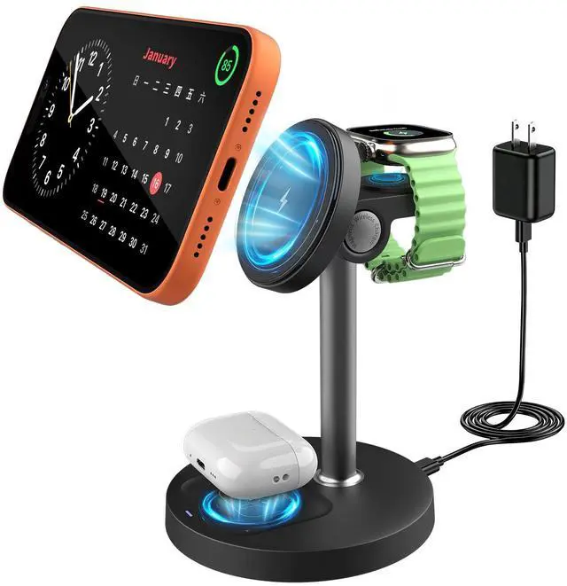Main image of 3-in-1 Magnetic Wireless Charging Station, 15W Fast Charging for iPhone 17/16/15/14/13/12, Watch Ultra/SE/S1-11 & AirPods Pro/3/2, Adjustable Standing Dock with USB-C