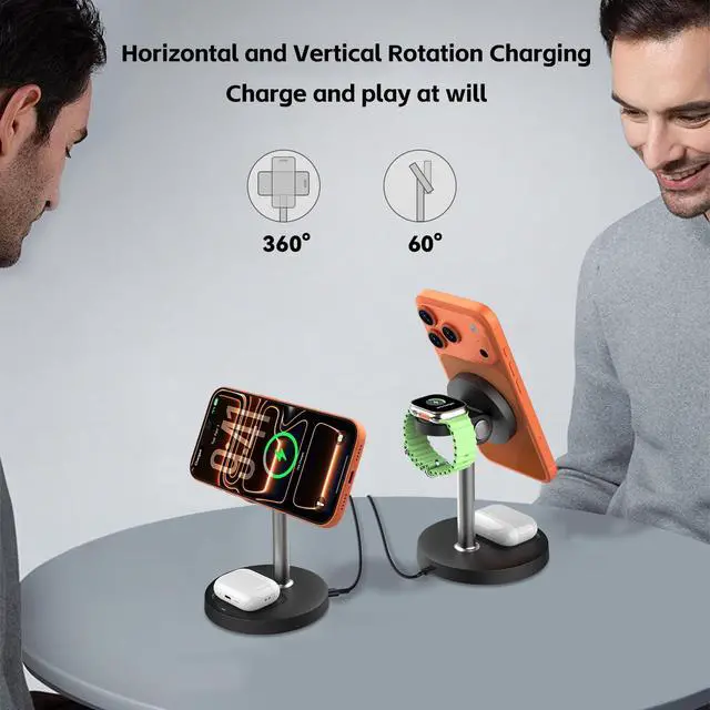 Alt view image 5 of 7 - 3-in-1 Magnetic Wireless Charging Station, 15W Fast Charging for iPhone 17/16/15/14/13/12, Watch Ultra/SE/S1-11 & AirPods Pro/3/2, Adjustable Standing Dock with USB-C