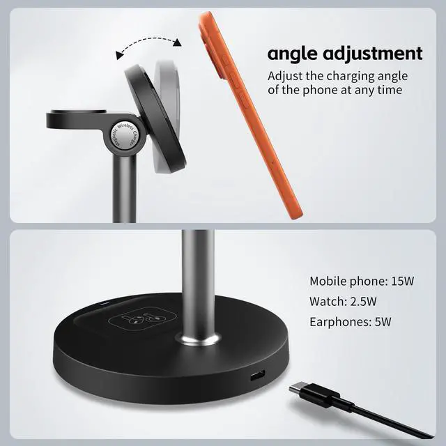 Alt view image 6 of 7 - 3-in-1 Magnetic Wireless Charging Station, 15W Fast Charging for iPhone 17/16/15/14/13/12, Watch Ultra/SE/S1-11 & AirPods Pro/3/2, Adjustable Standing Dock with USB-C