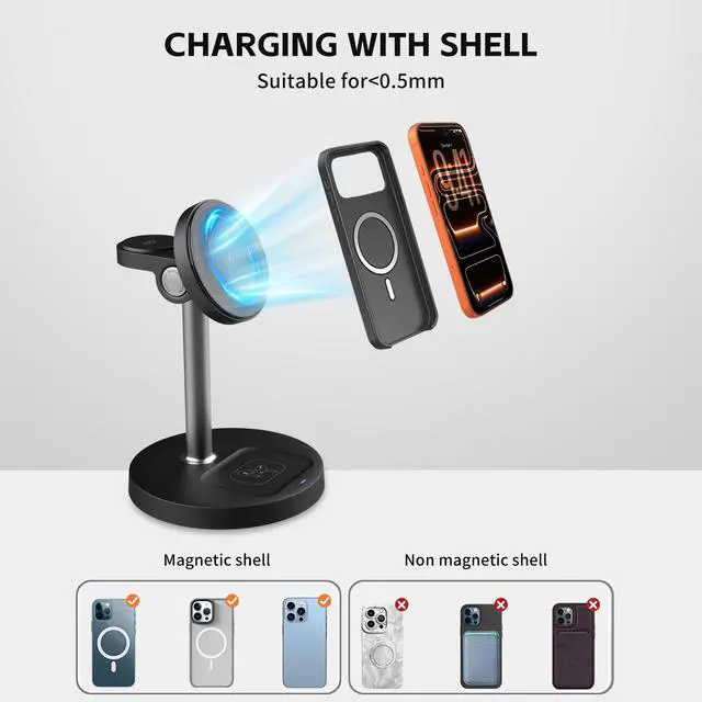 Alt view image 7 of 7 - 3-in-1 Magnetic Wireless Charging Station, 15W Fast Charging for iPhone 17/16/15/14/13/12, Watch Ultra/SE/S1-11 & AirPods Pro/3/2, Adjustable Standing Dock with USB-C