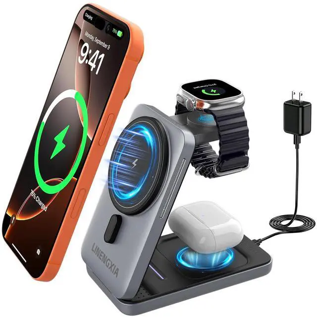Main image of 3-in-1 Magnetic Wireless Charging Station, 15W Fast Charging Stand for iPhone 17/16/15/14/13/12, Watch S1-11/Ultra/SE & AirPods Pro/3/2, Foldable Adjustable Desktop Dock with USB-C