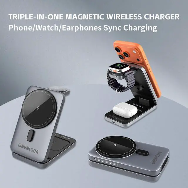 Alt view image 2 of 7 - 3-in-1 Magnetic Wireless Charging Station, 15W Fast Charging Stand for iPhone 17/16/15/14/13/12, Watch S1-11/Ultra/SE & AirPods Pro/3/2, Foldable Adjustable Desktop Dock with USB-C
