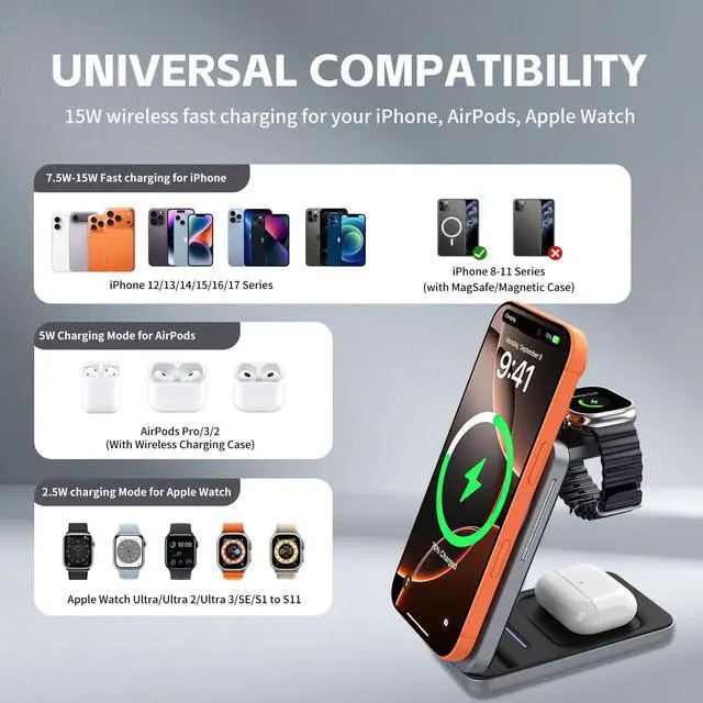 Alt view image 3 of 7 - 3-in-1 Magnetic Wireless Charging Station, 15W Fast Charging Stand for iPhone 17/16/15/14/13/12, Watch S1-11/Ultra/SE & AirPods Pro/3/2, Foldable Adjustable Desktop Dock with USB-C