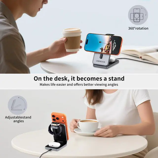 Alt view image 4 of 7 - 3-in-1 Magnetic Wireless Charging Station, 15W Fast Charging Stand for iPhone 17/16/15/14/13/12, Watch S1-11/Ultra/SE & AirPods Pro/3/2, Foldable Adjustable Desktop Dock with USB-C