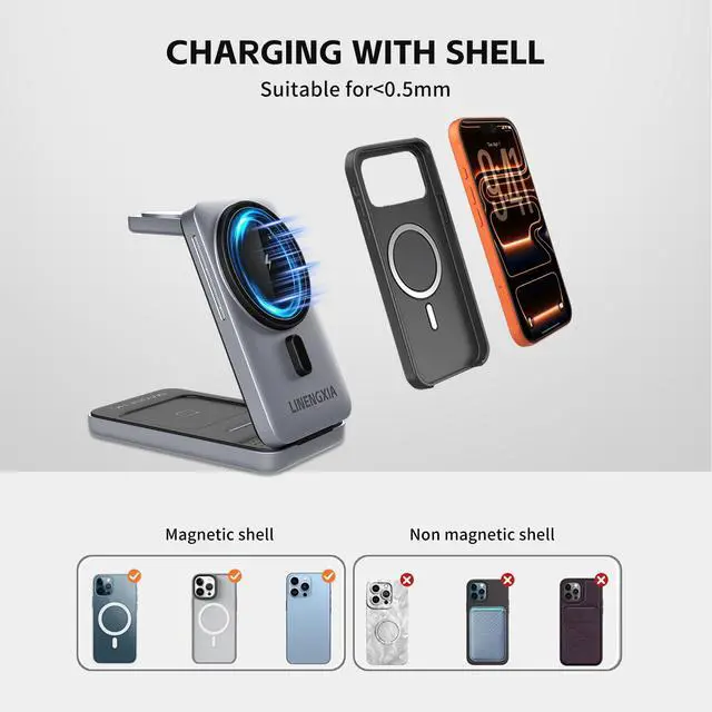Alt view image 5 of 7 - 3-in-1 Magnetic Wireless Charging Station, 15W Fast Charging Stand for iPhone 17/16/15/14/13/12, Watch S1-11/Ultra/SE & AirPods Pro/3/2, Foldable Adjustable Desktop Dock with USB-C