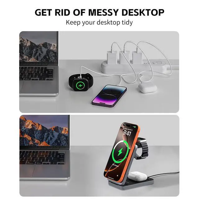 Alt view image 6 of 7 - 3-in-1 Magnetic Wireless Charging Station, 15W Fast Charging Stand for iPhone 17/16/15/14/13/12, Watch S1-11/Ultra/SE & AirPods Pro/3/2, Foldable Adjustable Desktop Dock with USB-C