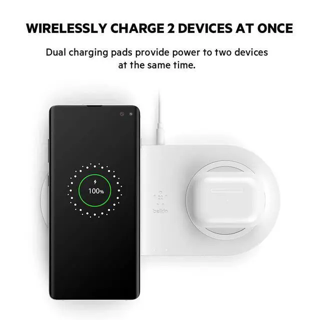 Alt view image 2 of 7 - Quick Charge Dual Wireless Charging Pad - 10W Qi-Certified Charger Pad for iPhone, Samsung, Apple Airpods & More - Charge While Listening to Music, Streaming Videos, & Video Calls - White