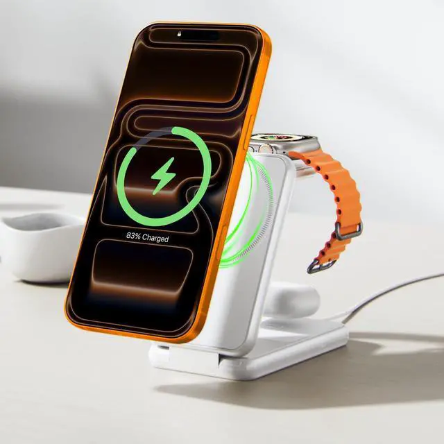 Main image of 3 in 1 Foldable Magnetic Wireless Charging Station, 15W Fast Charger Stand for MagSafe, Travel Charger for iPhone 17 16 15 Pro Max, Apple Watch, AirPods, Compact & Portable, White(No Adapter)