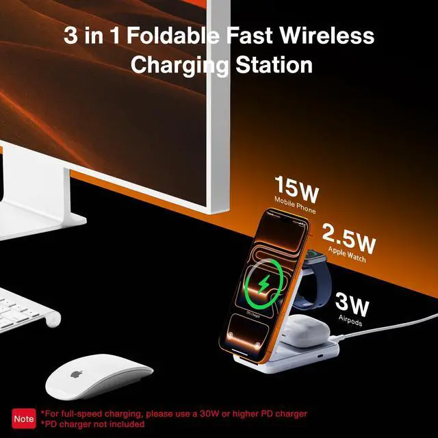 Alt view image 2 of 7 - 3 in 1 Foldable Magnetic Wireless Charging Station, 15W Fast Charger Stand for MagSafe, Travel Charger for iPhone 17 16 15 Pro Max, Apple Watch, AirPods, Compact & Portable, White(No Adapter)