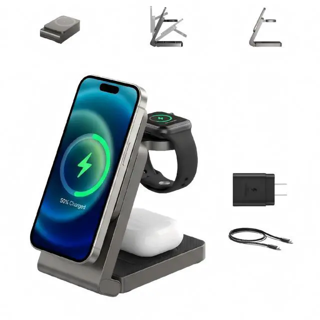Main image of 3 in 1 Charging Station for Apple, Wireless iPhone Charging Station for Multiple Devices, Foldable Magnetic Mag-Safe Charging Station for iPhone 17/16/15/14/13/12/pro/pro max,Apple Watch,AirPods