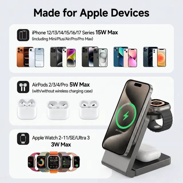 Alt view image 4 of 7 - 3 in 1 Charging Station for Apple, Wireless iPhone Charging Station for Multiple Devices, Foldable Magnetic Mag-Safe Charging Station for iPhone 17/16/15/14/13/12/pro/pro max,Apple Watch,AirPods