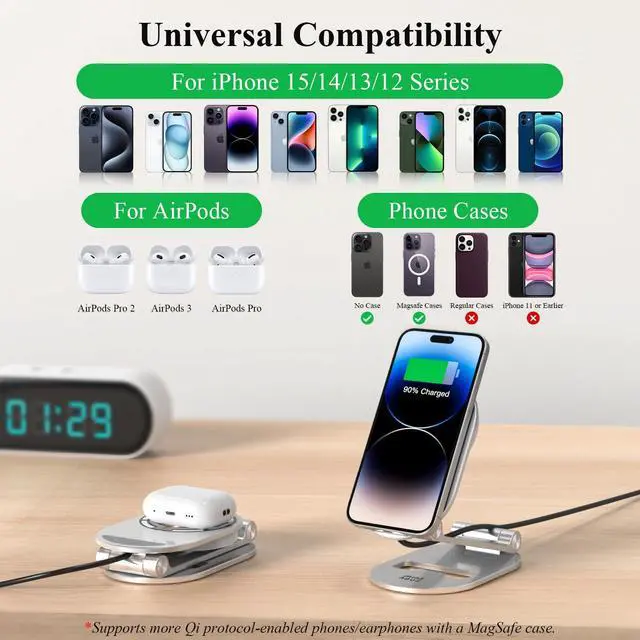 Alt view image 2 of 7 - Magnetic Wireless Charger, Foldable Mag Safe Charging Stand, Adjustable Wireless Charging Station with 20W Wall Adapter, for iPhone 16 15 14 13 12 Pro/Max/Plus, AirPods 3/Pro 2/Pro