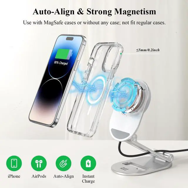 Alt view image 3 of 7 - Magnetic Wireless Charger, Foldable Mag Safe Charging Stand, Adjustable Wireless Charging Station with 20W Wall Adapter, for iPhone 16 15 14 13 12 Pro/Max/Plus, AirPods 3/Pro 2/Pro