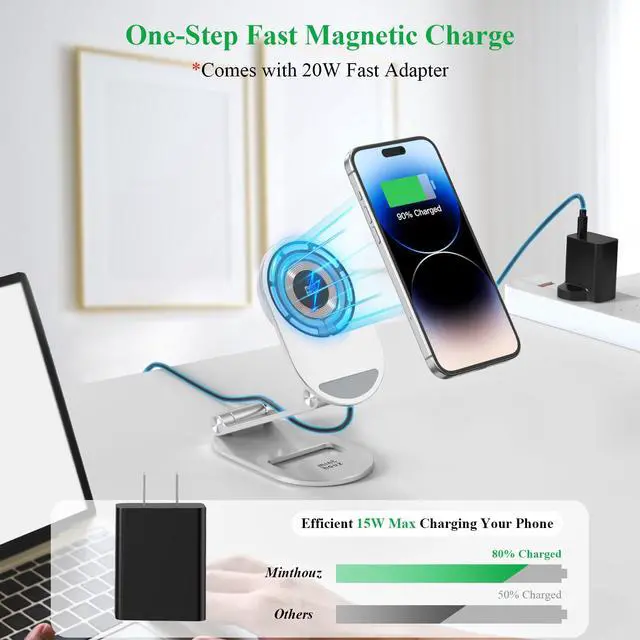 Alt view image 4 of 7 - Magnetic Wireless Charger, Foldable Mag Safe Charging Stand, Adjustable Wireless Charging Station with 20W Wall Adapter, for iPhone 16 15 14 13 12 Pro/Max/Plus, AirPods 3/Pro 2/Pro