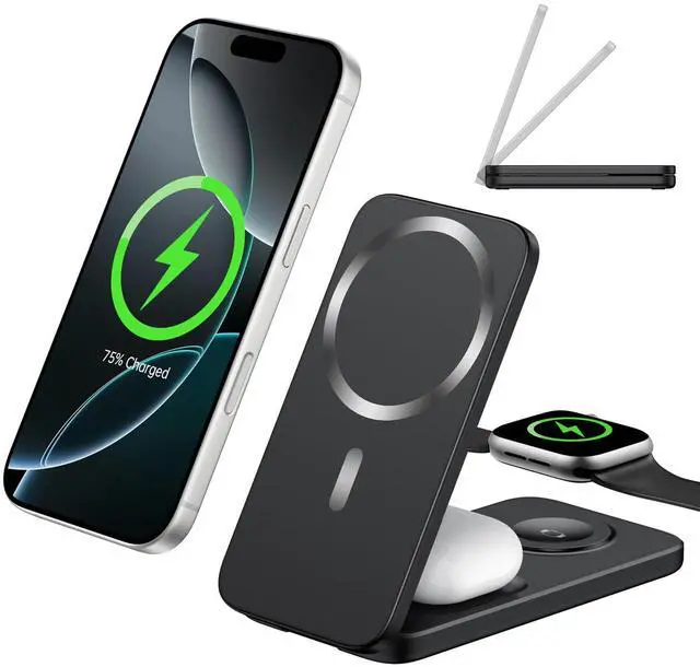 Main image of Compatible MagSafe 3 in 1 Wireless Charging Station for Apple, Magnetic Foldable Charger Stand for iPhone 17/16/15/14/13/12 Pro Max, Apple Watch Ultra/Series & AirPods Pro Fast Charging Dock