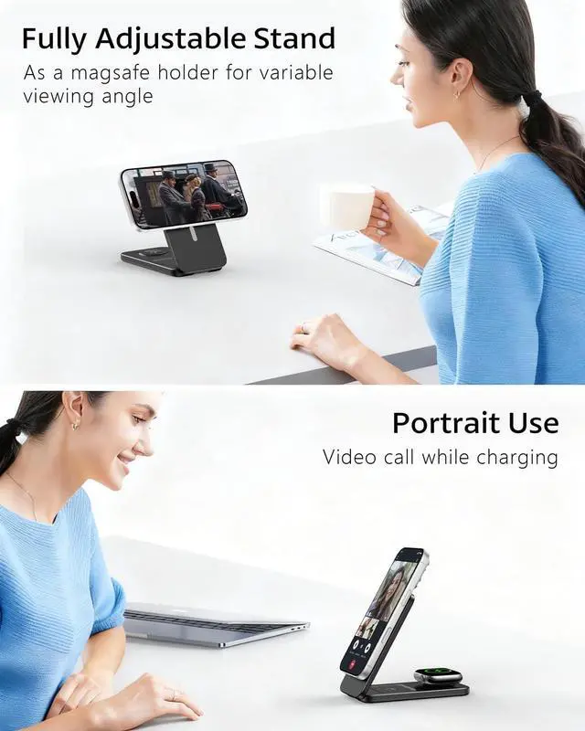 Alt view image 4 of 7 - Compatible MagSafe 3 in 1 Wireless Charging Station for Apple, Magnetic Foldable Charger Stand for iPhone 17/16/15/14/13/12 Pro Max, Apple Watch Ultra/Series & AirPods Pro Fast Charging Dock