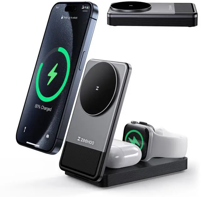 Main image of 3 in 1 Charging Station for Magsafe Charger, Portable Fast Wireless Charger Stand, Foldable Apple Watch Charger for iPhone 16/15/14/13/12, AirPods, Apple Watch (Charger not Included)