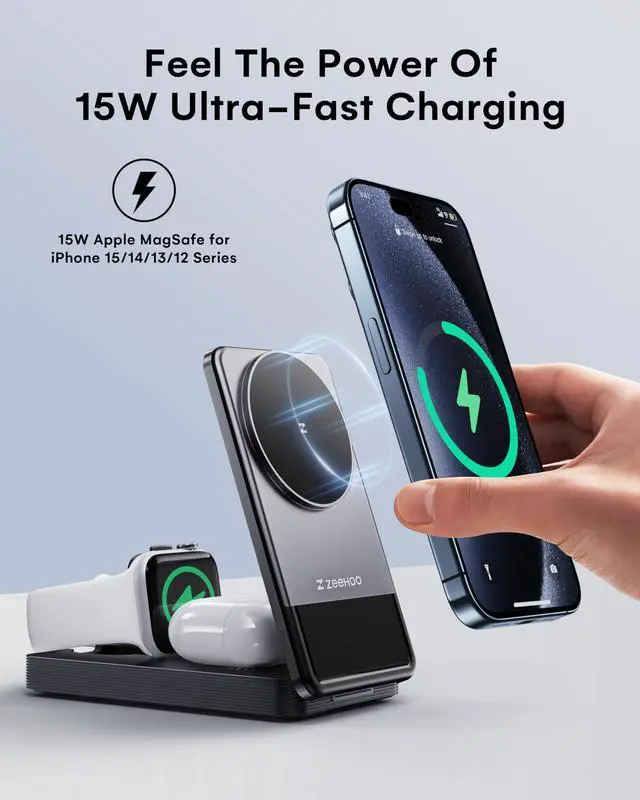 Alt view image 2 of 7 - 3 in 1 Charging Station for Magsafe Charger, Portable Fast Wireless Charger Stand, Foldable Apple Watch Charger for iPhone 16/15/14/13/12, AirPods, Apple Watch (Charger not Included)
