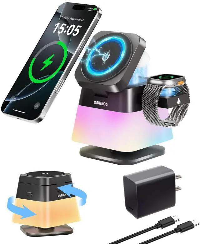 Main image of 4 in 1 Wireless Charging Station,Charger Stand with Night Light for iPhone17/16/15/14/13/12,Airpods,Watch(20W Adapter),Magnetic Charging Station for Apple