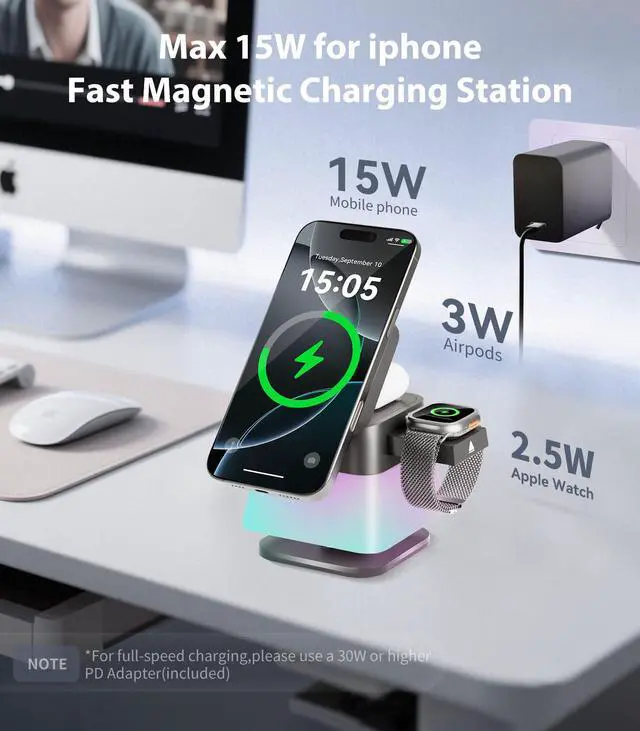 Alt view image 3 of 7 - 4 in 1 Wireless Charging Station,Charger Stand with Night Light for iPhone17/16/15/14/13/12,Airpods,Watch(20W Adapter),Magnetic Charging Station for Apple