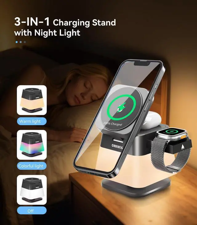 Alt view image 4 of 7 - 4 in 1 Wireless Charging Station,Charger Stand with Night Light for iPhone17/16/15/14/13/12,Airpods,Watch(20W Adapter),Magnetic Charging Station for Apple