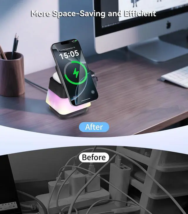 Alt view image 7 of 7 - 4 in 1 Wireless Charging Station,Charger Stand with Night Light for iPhone17/16/15/14/13/12,Airpods,Watch(20W Adapter),Magnetic Charging Station for Apple