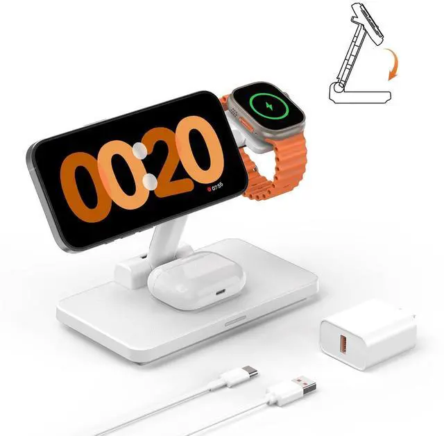 Main image of MagSafe 3 in 1 Wireless Charging Station: JoyGeek Portable Foldable Stand for iPhone 17 16 15 14 13 Pro Max Plus, Apple Watch, AirPods Pro (White)