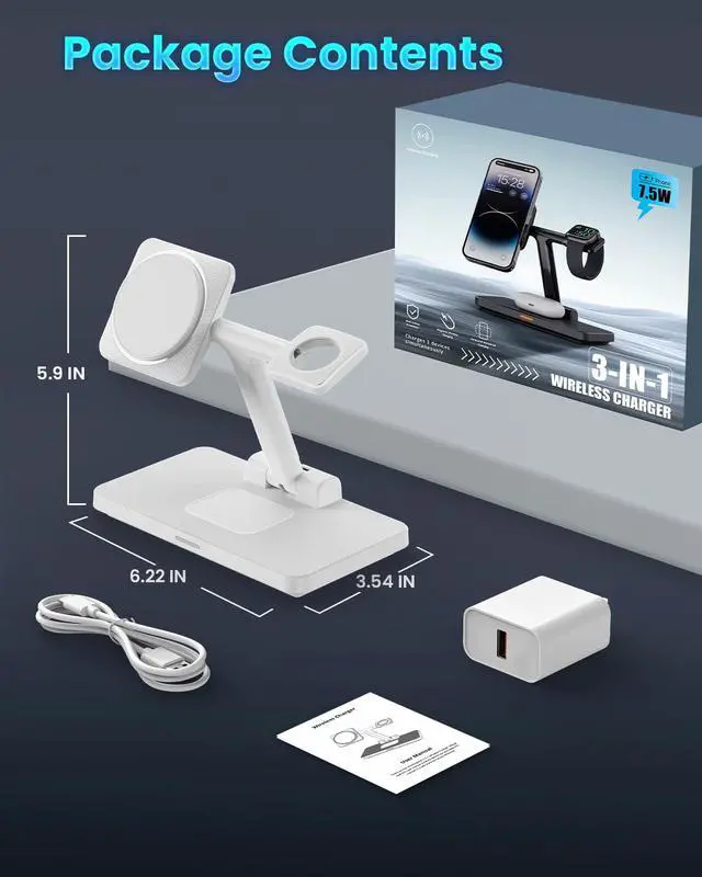 Alt view image 2 of 2 - MagSafe 3 in 1 Wireless Charging Station: JoyGeek Portable Foldable Stand for iPhone 17 16 15 14 13 Pro Max Plus, Apple Watch, AirPods Pro (White)