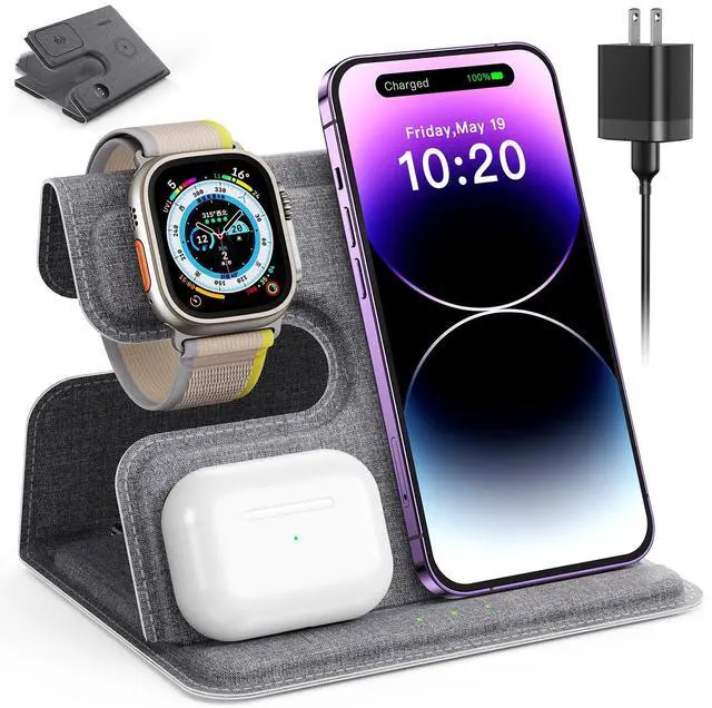 Main image of 3 in 1 Charging Station for Apple Wireless Charger for iPhone 15 14 13 12 11 X 8 Series Wireless Charging Station for Multiple Devices for Apple Watch Charger for AirPods 2/3/Pro/Pro 2 (Grey)