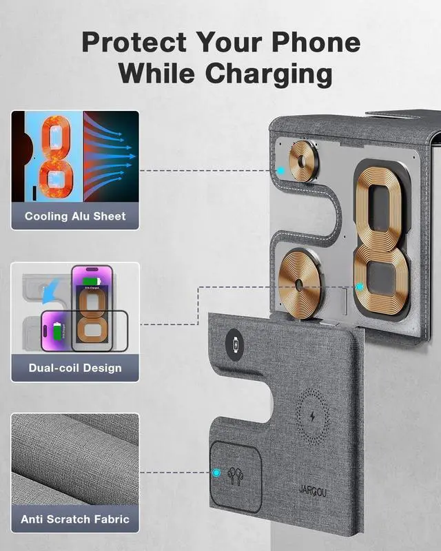 Alt view image 3 of 7 - 3 in 1 Charging Station for Apple Wireless Charger for iPhone 15 14 13 12 11 X 8 Series Wireless Charging Station for Multiple Devices for Apple Watch Charger for AirPods 2/3/Pro/Pro 2 (Grey)