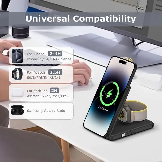 Alt view image 2 of 5 - Wireless Charging Station Compatible for Phone: 3 in 1 Charger Stand for Phone 17/16/15/14/13/12 Series and Watch - Foldable USB C Magnetic Stand