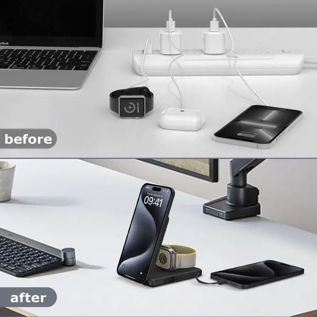 Alt view image 3 of 5 - Wireless Charging Station Compatible for Phone: 3 in 1 Charger Stand for Phone 17/16/15/14/13/12 Series and Watch - Foldable USB C Magnetic Stand