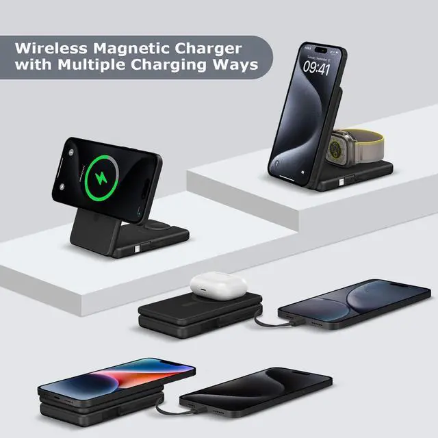 Alt view image 5 of 5 - Wireless Charging Station Compatible for Phone: 3 in 1 Charger Stand for Phone 17/16/15/14/13/12 Series and Watch - Foldable USB C Magnetic Stand