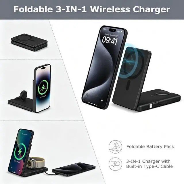 Alt view image 4 of 5 - Wireless Charging Station Compatible for Phone: 3 in 1 Charger Stand for Phone 17/16/15/14/13/12 Series and Watch - Foldable USB C Magnetic Stand
