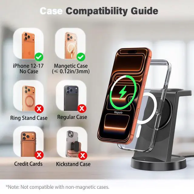 Alt view image 3 of 7 - 3-in-1 Magnetic Wireless Charger Stand for Apple, 15W Fast Charging Station for iPhone 17 16 15 14 13 Pro Max, AirPods, Watch-Desktop Stand with Sleep-Friendly Light, Ideal for Bedside & Desk