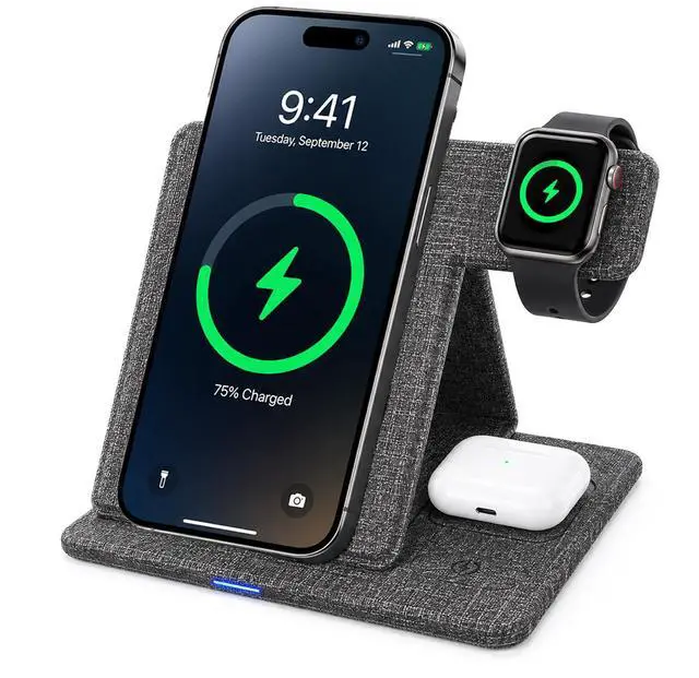 Main image of 3 in 1 Wireless Charging Station, Foldable Wireless Charger Stand for iPhone 15/14/13/12, Apple Watch Series 9/8/7/6/5/4/3/SE, AirPods Pro 2/3, Fabric Portable Travel Charger Dock (Gray)