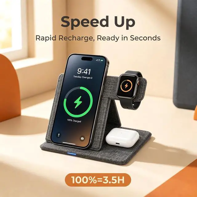 Alt view image 2 of 7 - 3 in 1 Wireless Charging Station, Foldable Wireless Charger Stand for iPhone 15/14/13/12, Apple Watch Series 9/8/7/6/5/4/3/SE, AirPods Pro 2/3, Fabric Portable Travel Charger Dock (Gray)