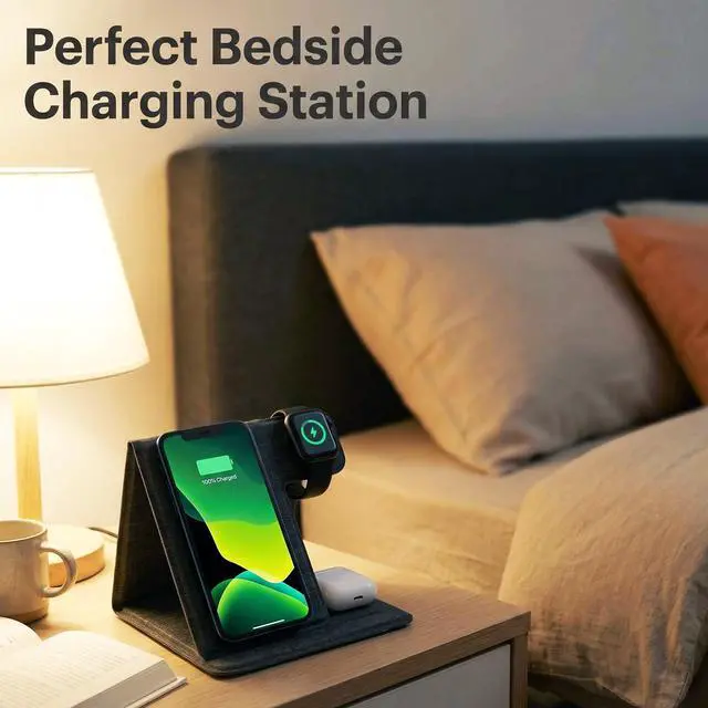 Alt view image 3 of 7 - 3 in 1 Wireless Charging Station, Foldable Wireless Charger Stand for iPhone 15/14/13/12, Apple Watch Series 9/8/7/6/5/4/3/SE, AirPods Pro 2/3, Fabric Portable Travel Charger Dock (Gray)